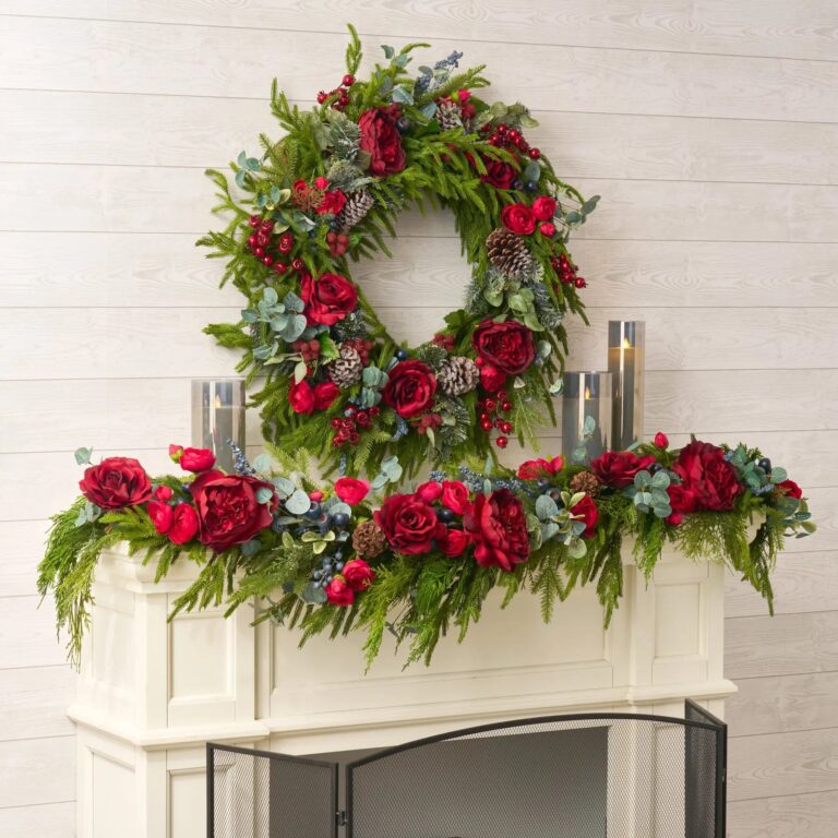 Red Queen Rose, Mixed Winter Greenery, and Blue Berries Christmas Mantle Garland Holiday Table Runner