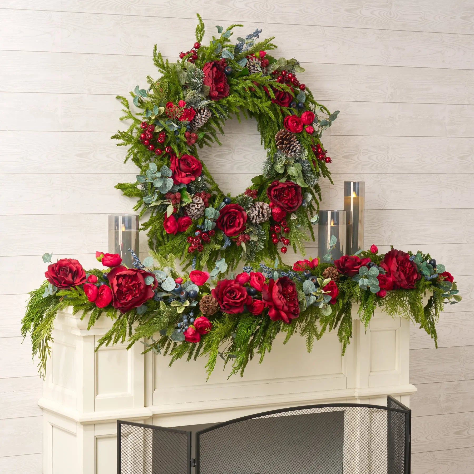 CW1267_GAR1109RedQueenRoseLifestyle_f41fd207-c795-4667-abab-3adca75d11b4.jpg Red Queen Rose, Mixed Winter Greenery, and Blue Berries Christmas Mantle Garland Holiday Table Runner