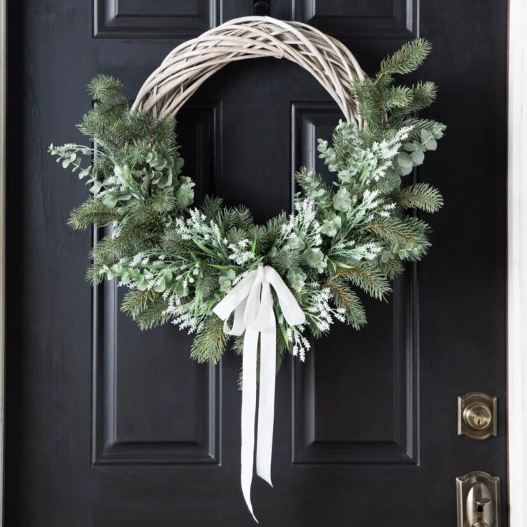 White Lavender, Eucalyptus and Pine Christmas Front Door Wreath On Wicker Base with Bow