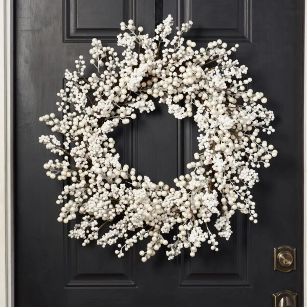 Close-up of blooms and berries on this Waterproof Winter White Pearl Berry Front Door Wreath