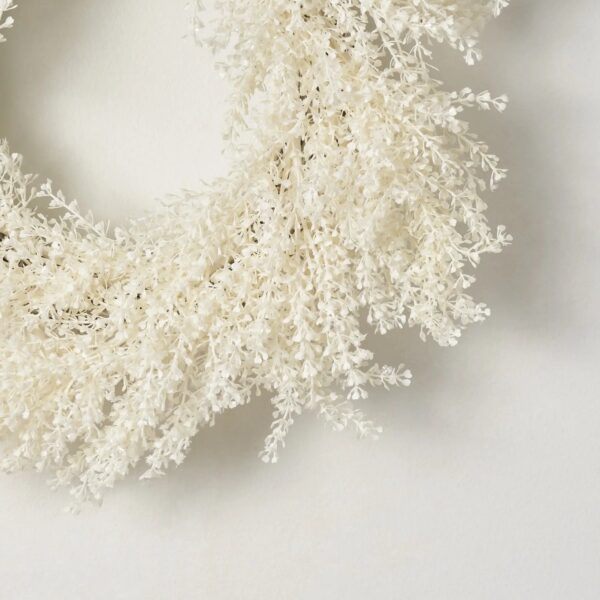 Close-up of blooms and berries on this Frosted Shimmer Cream Baby's Breath Door Mantel Wreath