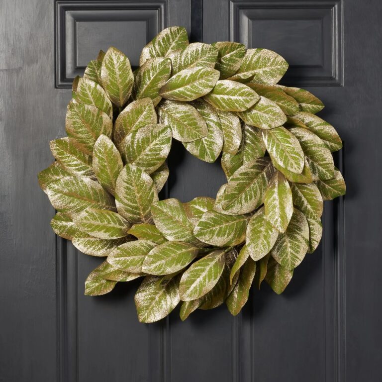 Green and Gold Metallic Magnolia Leaf Front Door Holiday Wreath Shimmering Christmas Mantel Decor