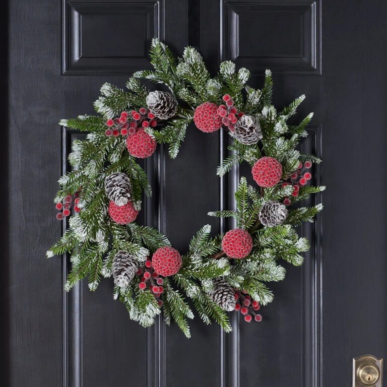 Snow Tipped Pine, Iced Red Berry Ball, and Pinecone Christmas Front Door Mantle Wreath
