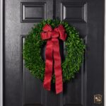 Natural Preserved Green Boxwood Holiday Wreath with Burgundy Red Ribbon Bow - Wreath Ribbon Bow