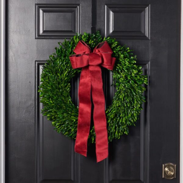 Natural Preserved Green Boxwood Holiday Wreath with Burgundy Red Ribbon Bow - Wreath Ribbon Bow