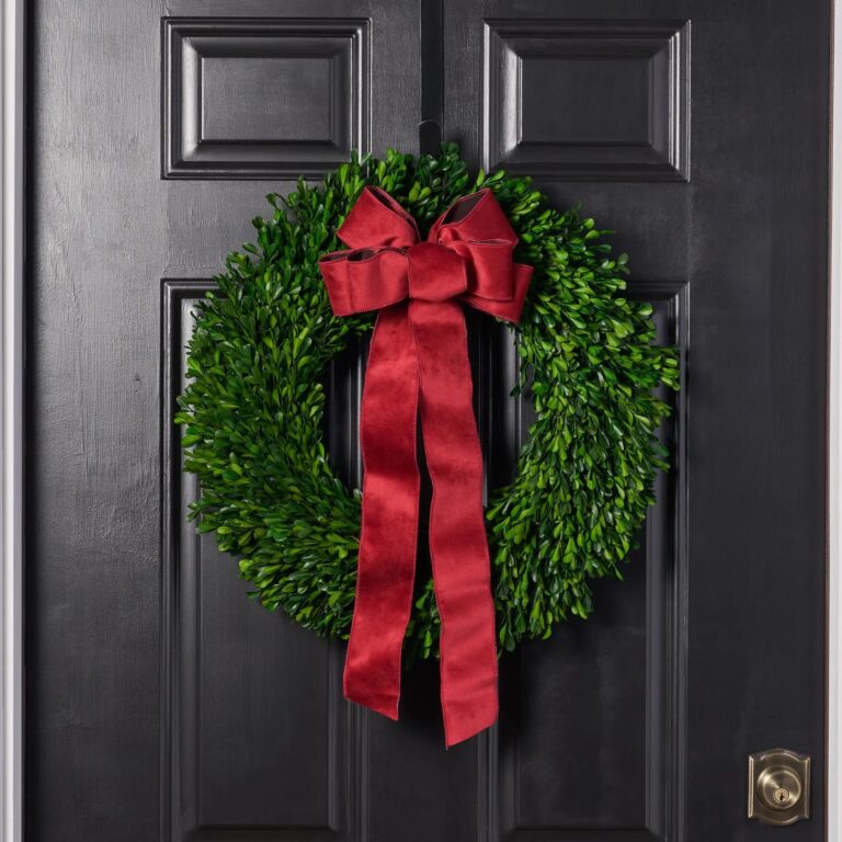 Natural Preserved Green Boxwood Holiday Wreath with Burgundy Red Ribbon Bow - Wreath Ribbon Bow