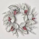 Snow Covered Magnolia Leaf and Eucalyptus with Iced Sugar Berry Seed Pods Holiday Winter Wreath