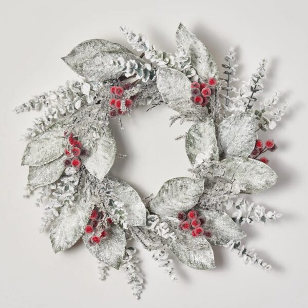 Snow Covered Magnolia Leaf and Eucalyptus with Iced Sugar Berry Seed Pods Holiday Winter Wreath