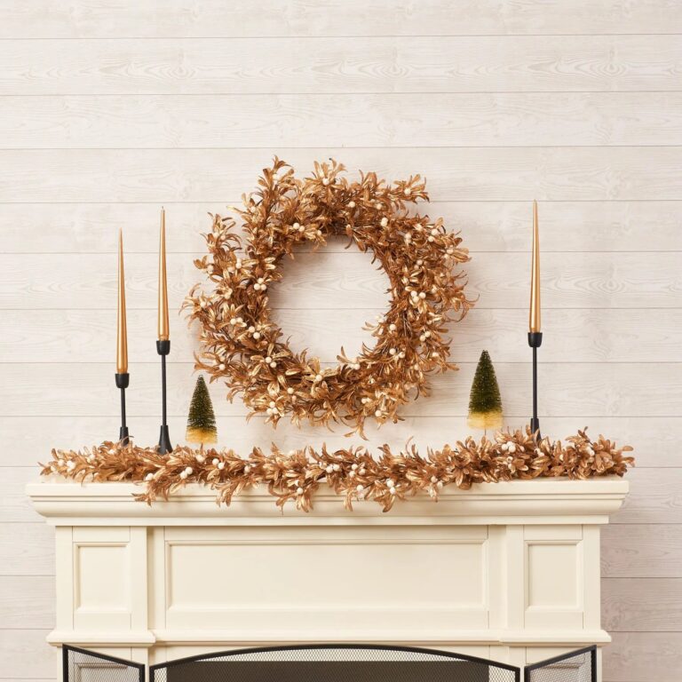 Close-up of blooms and berries on this Shiny Metallic Gold Boxwood Front Door Wreath Glam