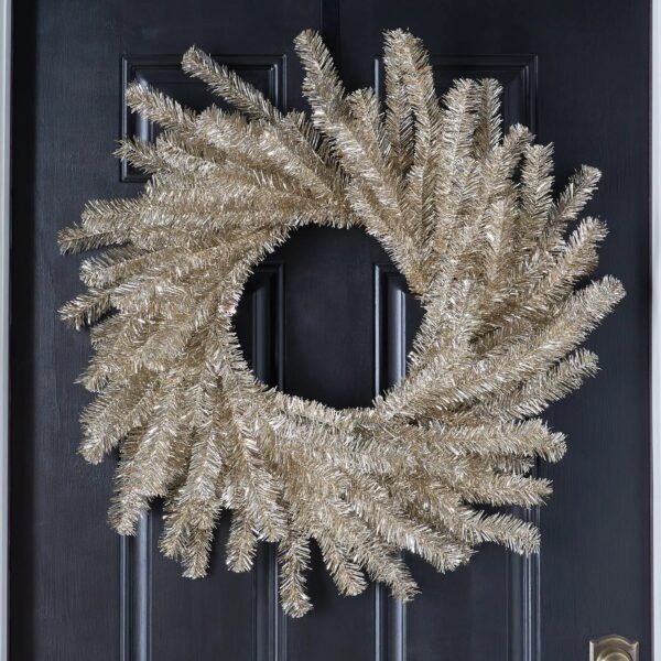 Close-up of blooms and berries on this Silver and Gold Metallic Soft Touch Tinsel Wreath