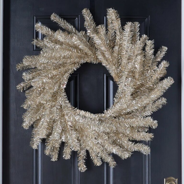 Close-up of blooms and berries on this Silver and Gold Metallic Soft Touch Tinsel Wreath