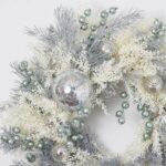 Close-up of blooms and berries on this Silver Glitter Pine and Shimmer Front Door Wreath