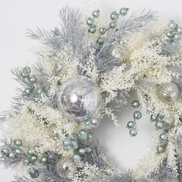 Close-up of blooms and berries on this Silver Glitter Pine and Shimmer Front Door Wreath