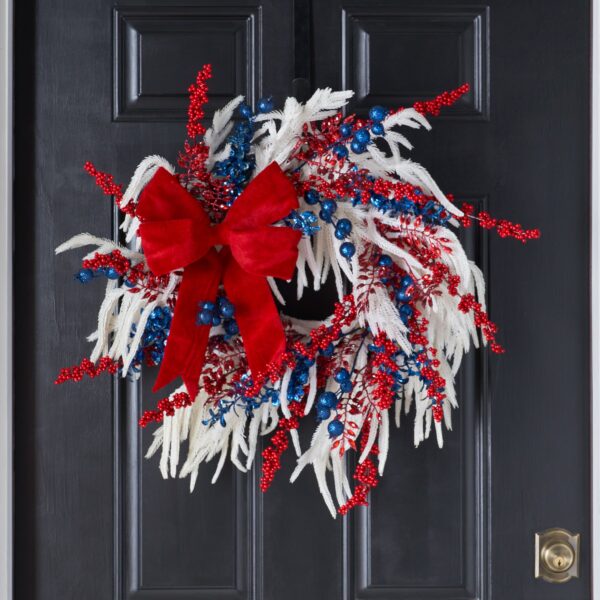 White Norfolk Pine, Red Berry Jewel Spray, Blue Glitter Holiday Christmas Wreath