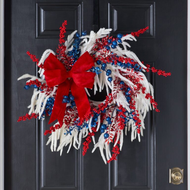 White Norfolk Pine, Red Berry Jewel Spray, Blue Glitter Holiday Christmas Wreath