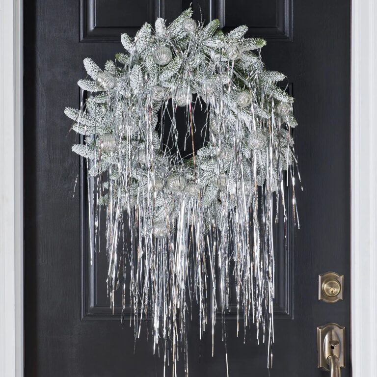 Retro Holiday Glamour - Silver Draped Tinsel with Mini Christmas Door Wreath