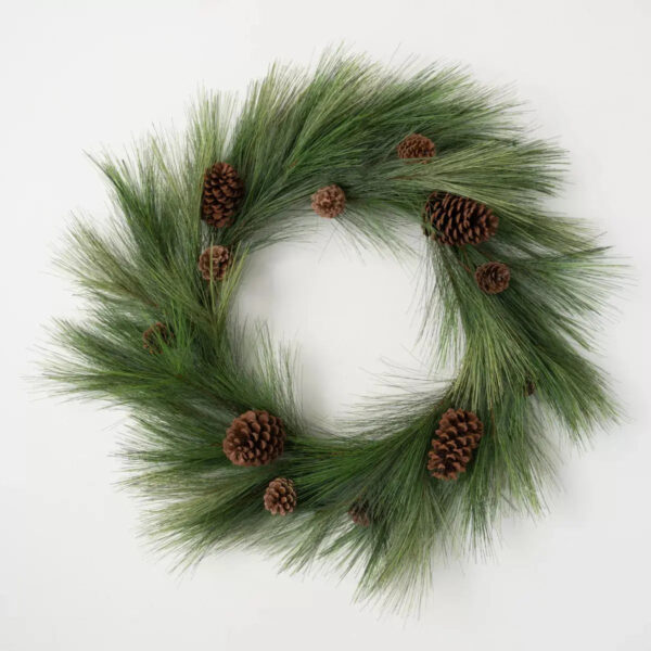 Deluxe Long Needle Pine and Pinecone Faux Winter Greenery Front Door Mantel Wreath - Green