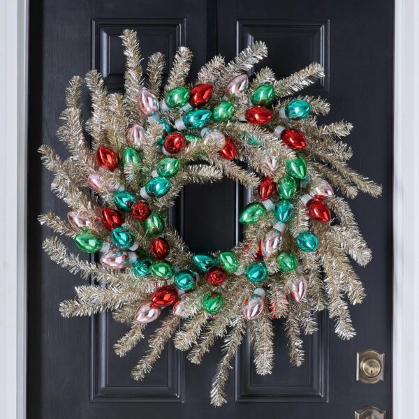 Razzle Dazzle Christmas - Gold and Silver Tinsel Wreath with Vintage Bulbs In Pink, Turquoise