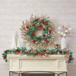 Close-up of blooms and berries on this Razzle Dazzle Christmas - Gold Silver Tinsel Wreath