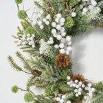 Close-up of blooms and berries on this White Sugar Berry, Pinecone Front Door Wreath