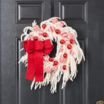 Real Touch White Norfolk Pine, Peppermint Bow and Red Christmas Ball Front Door Mantle Wreath