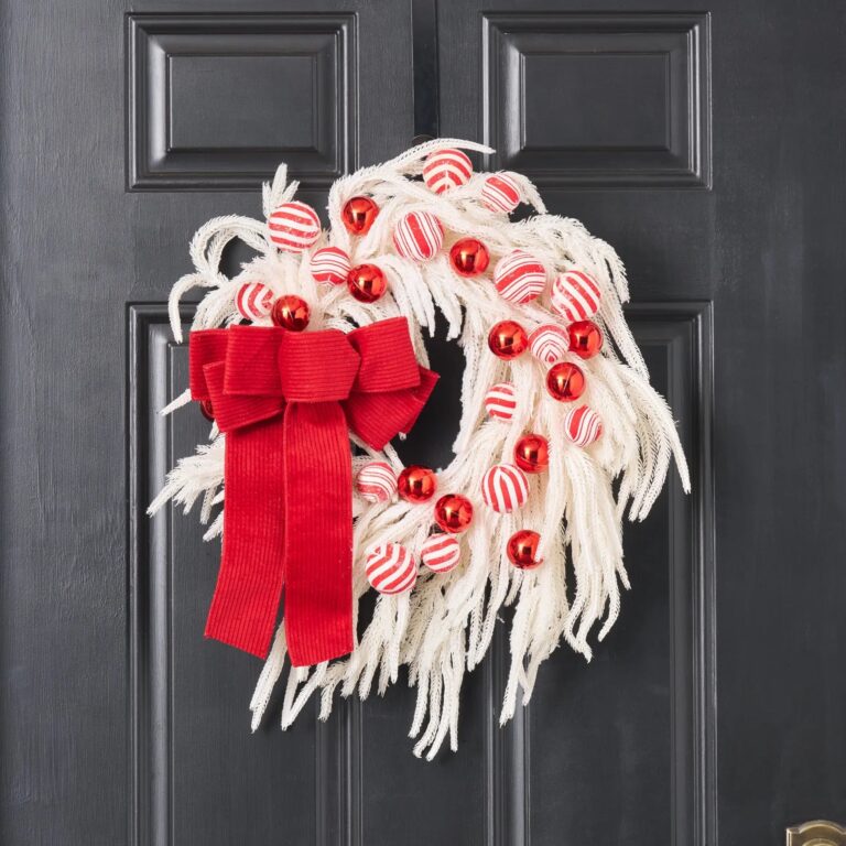 Real Touch White Norfolk Pine, Peppermint Bow and Red Christmas Ball Front Door Mantle Wreath