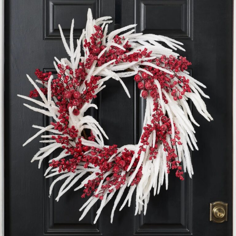 Iced Red Berry and Real Touch White Norfolk Pine Door Mantle Wreath - 26 inch