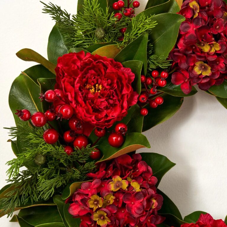 Close-up of blooms and berries on this Holiday Affair - Real Touch Door Christmas Wreath