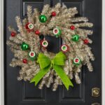 Merry Grinchmas - Silver Tinsel, Lime Green Bow Front Door Wreath Fireplace Mantle Decor