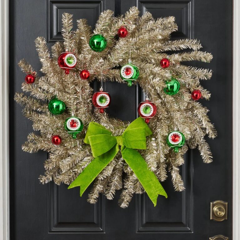 Merry Grinchmas - Silver Tinsel, Lime Green Bow Front Door Wreath Fireplace Mantle Decor