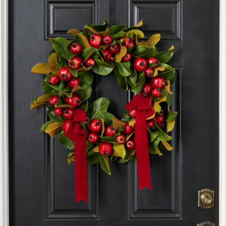 Real Touch Magnolia Leaf and Red Pomegranate Front Door Christmas Wreath