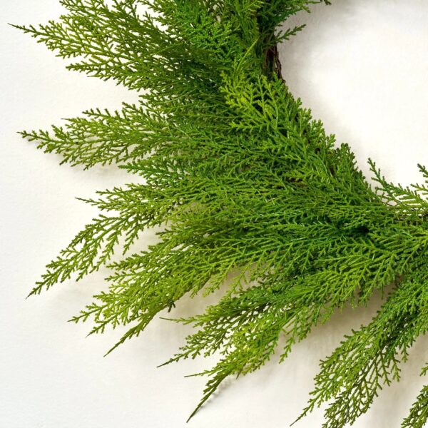 Close-up of blooms and berries on this Real Touch Lebanon Cedar Outdoor Front Door Wreath