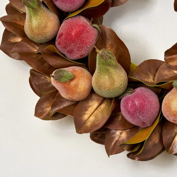 Close-up of blooms and berries on this Williamsburg Fruitcake - Mixed Sugared Leaves Christmas Wreath