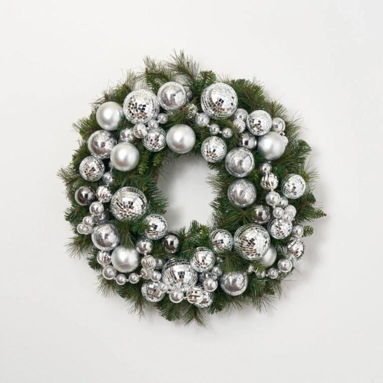 Disco Christmas - Mirrored Ball Ornaments and Silver Mercury Door Holiday Wreath - 26 inch