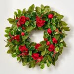 Holly Jolly Christmas - Red Rose, Green Salal Leaf Front Door Wreath - 24 inch