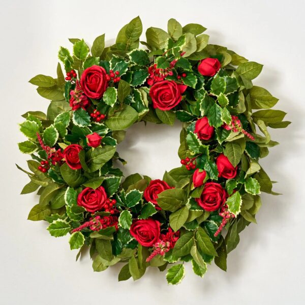 Holly Jolly Christmas - Red Rose, Green Salal Leaf Front Door Wreath - 24 inch