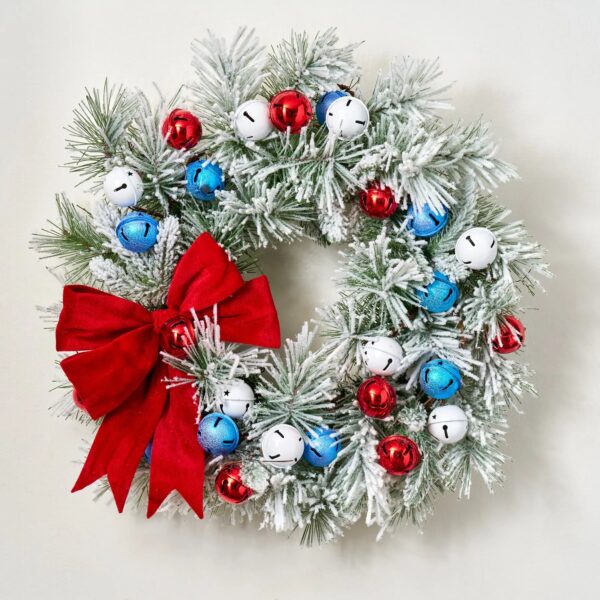 Americana Jingle Bells - Snowy Mixed Pine and American Patriotic Holiday Wreath - 24 inch