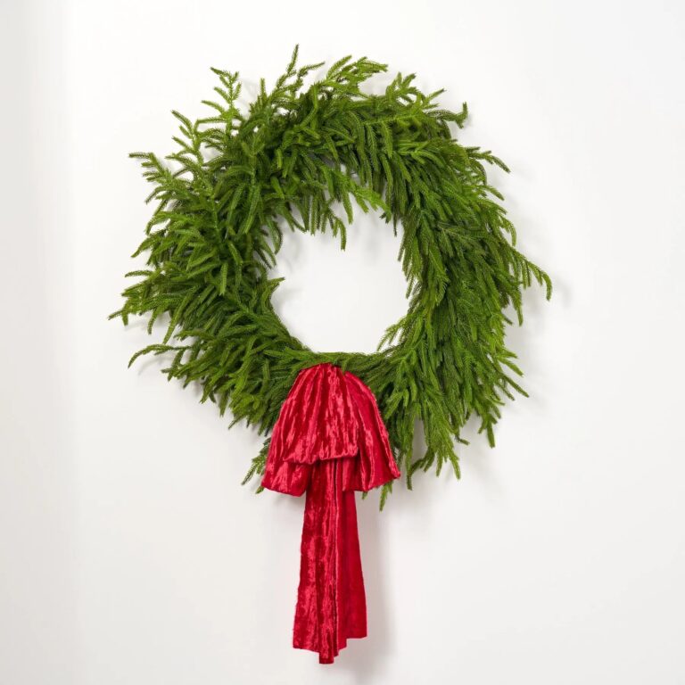 Close-up of blooms and berries on this Large Red Raw Edge Silk Drape Loop Bow