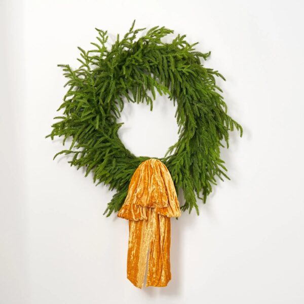 Close-up of blooms and berries on this Large Golden Mustard Raw Edge Drape Loop Bow