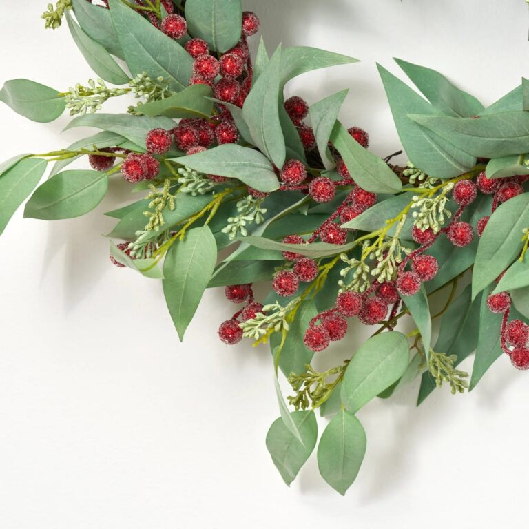 Close-up of blooms and berries on this California Christmas - Seeding Needle Front Door Wreath
