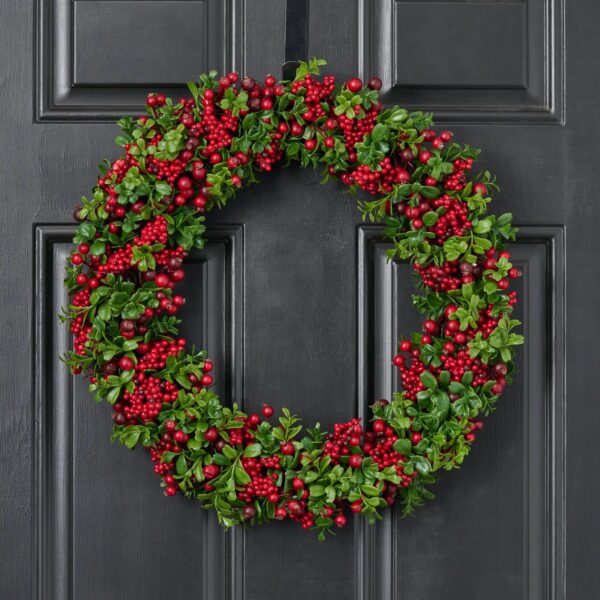 Lifelike Green Boxwood and Mixed Red Berry Christmas Holiday Front Door Wreath