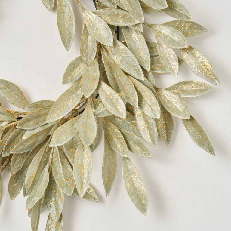 Close-up of blooms and berries on this Sage Green Gold Brushed Bay Front Door Wreath