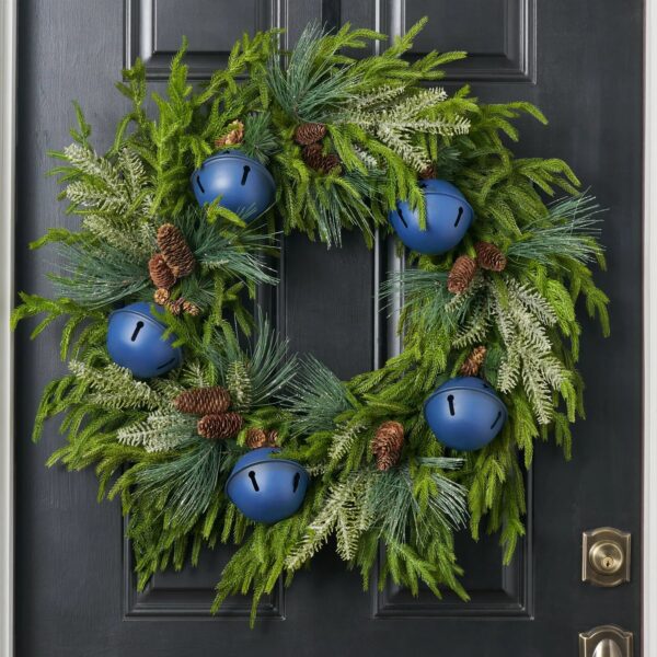 Close-up of blooms and berries on this Jingle All The Way Front Door Wreath