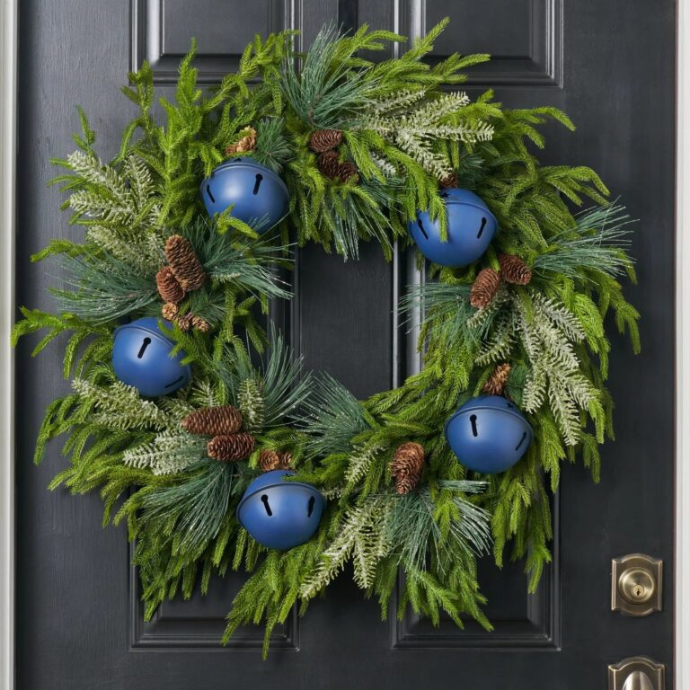 Close-up of blooms and berries on this Jingle All The Way Front Door Wreath