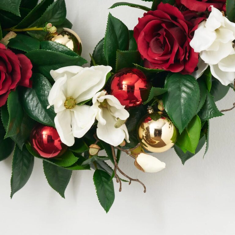 Close-up of blooms and berries on this Christmas Cashmere - White Magnolia Front Door Wreath