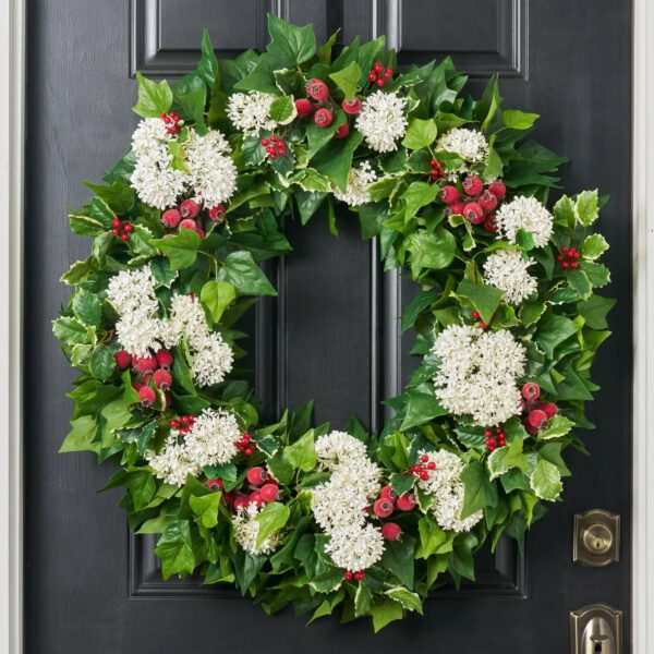 Holiday Tidings - Holly Leaf and Berry White Snowball Door Holiday Wreath