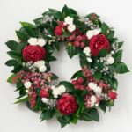 Christmas Frost - Red Peony, White Ranunculus, Iced Berry Front Door Wreath - Green