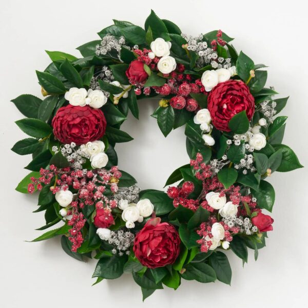 Christmas Frost - Red Peony, White Ranunculus, Iced Berry Front Door Wreath - Green