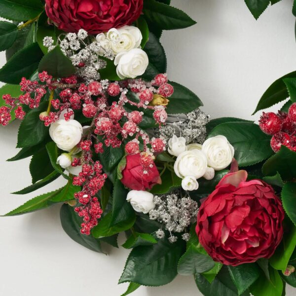 Close-up of blooms and berries on this Christmas Frost - Red Peony, Front Door Wreath