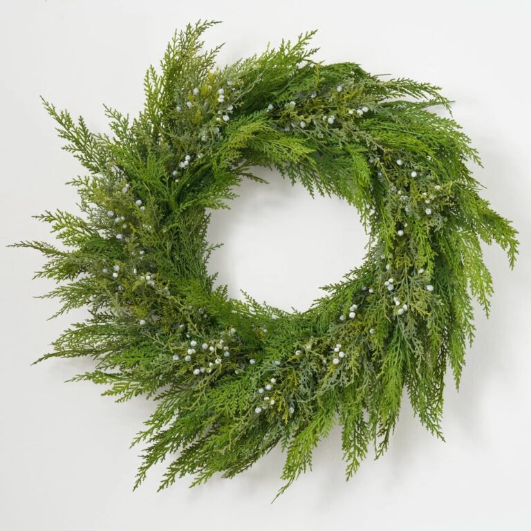 Close-up of blooms and berries on this Forest Harmony - Lebanon Cedar Door Christmas Wreath